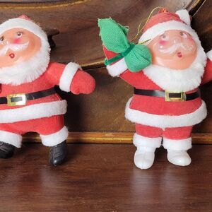 2 Vintage 4" Plastic Flocked Santa Ornaments Holding Gifts 1950's - 1960's